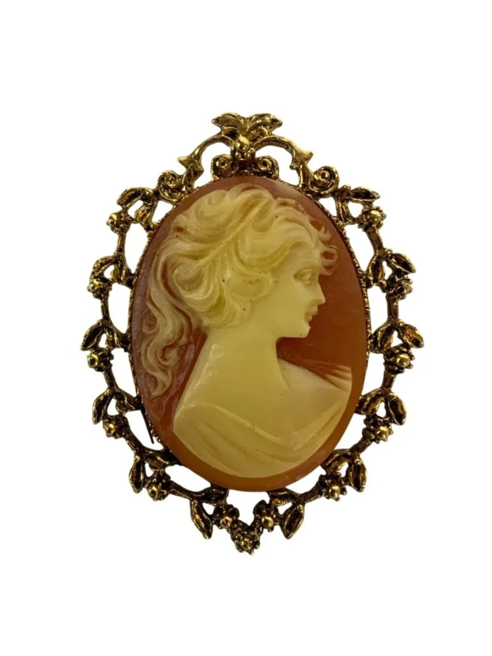 Vintage Victorian Revival Cameo Brooch Coral Cream Resin Gold Tone Floral Frame